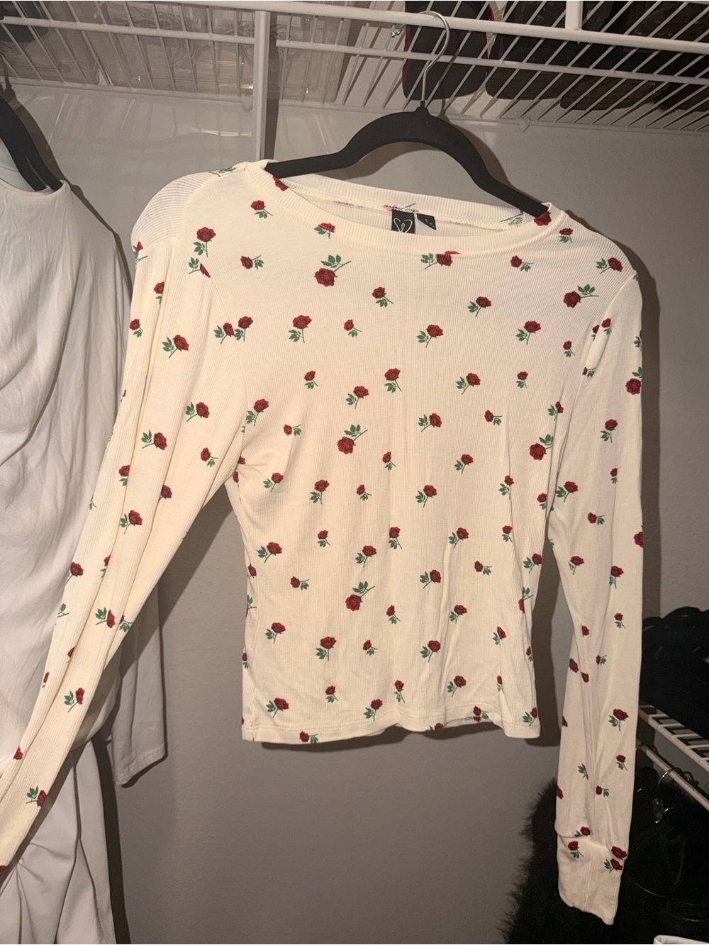 Cream Long-Sleeve Top with Red Rose Print